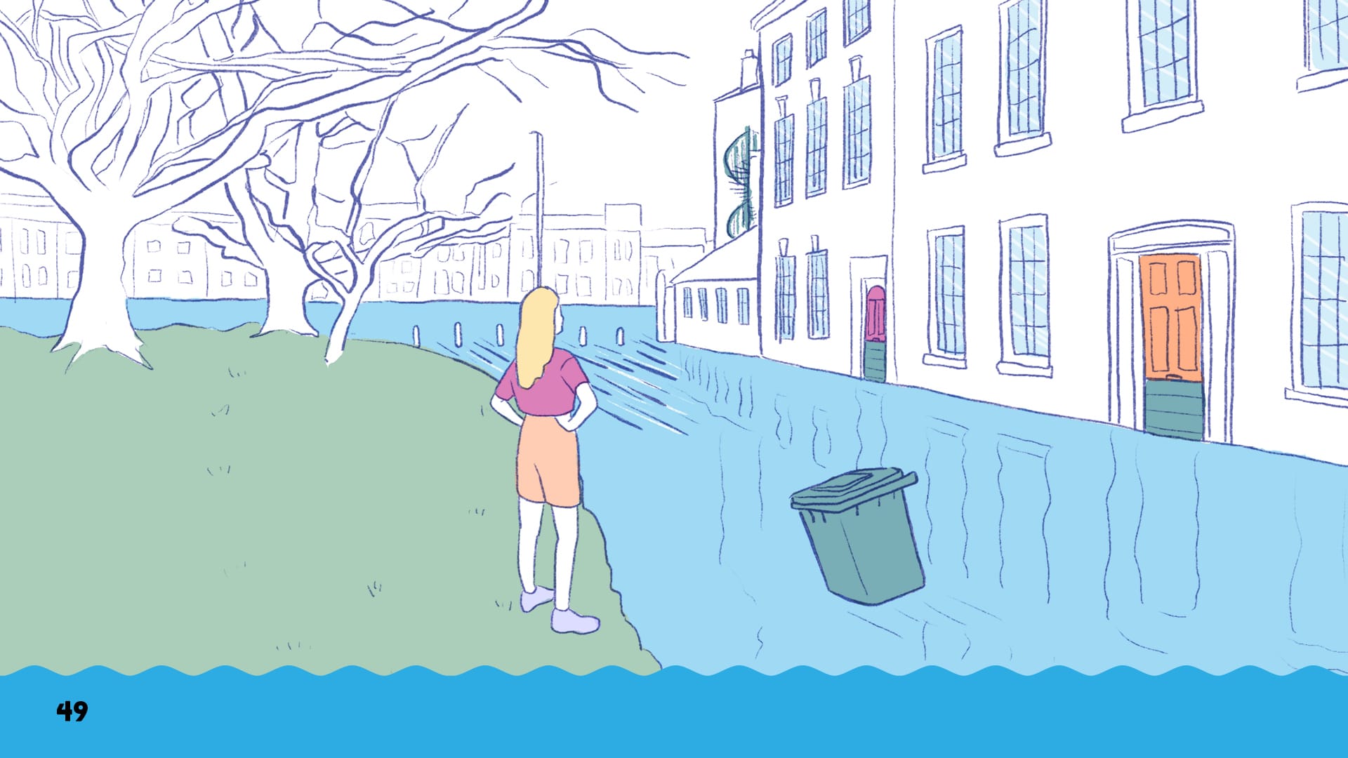 An illustration of a woman stood on the bank of a flooded river. There are trees, buildings, a bin floating in the water, and various other small details. At the bottom of the image is a wavy footer with a page number in black on cyan.An illustration of a woman stood on the bank of a flooded river. There are trees, buildings, a bin floating in the water, and various other small details. At the bottom of the image is a wavy footer with a page number in black on cyan.
