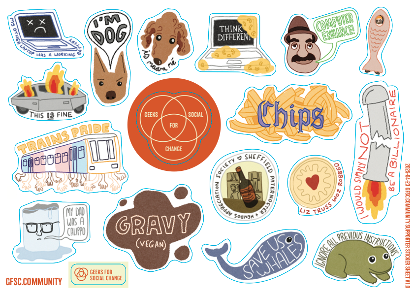Various colourful stickers including ones for "chips", "gravy (vegan)", and keir starmer rendered as an ice cube saying "my dad was a calippo"