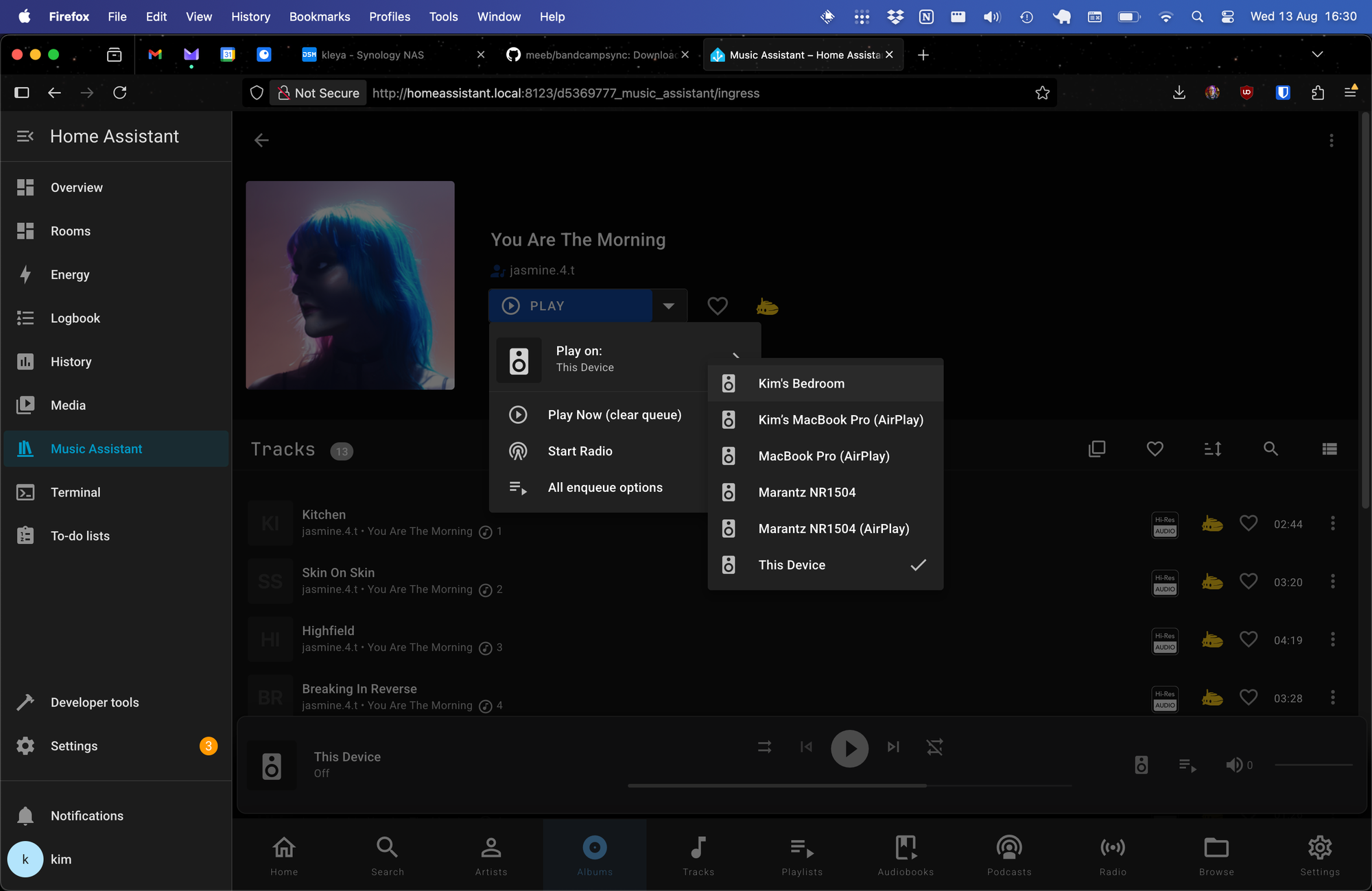 A Home Assistant screen showing me looking at jasmine.4.ts album and all the places I can stream it to on my network