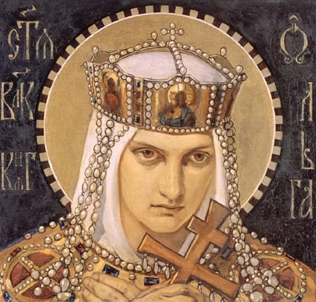A square-shaped painting of St. Helga holding a cross, wearing a crown or coronet, with a golden halo behind her. Cyrillic script is written around the edge.