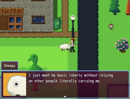 A screenshot from the pixel-art game Buy Hyacinths. Sheepy is outside a university housing block, addressing a student friend, and saying 'I just want my basic liberty without relying on other people to literally carry me'.