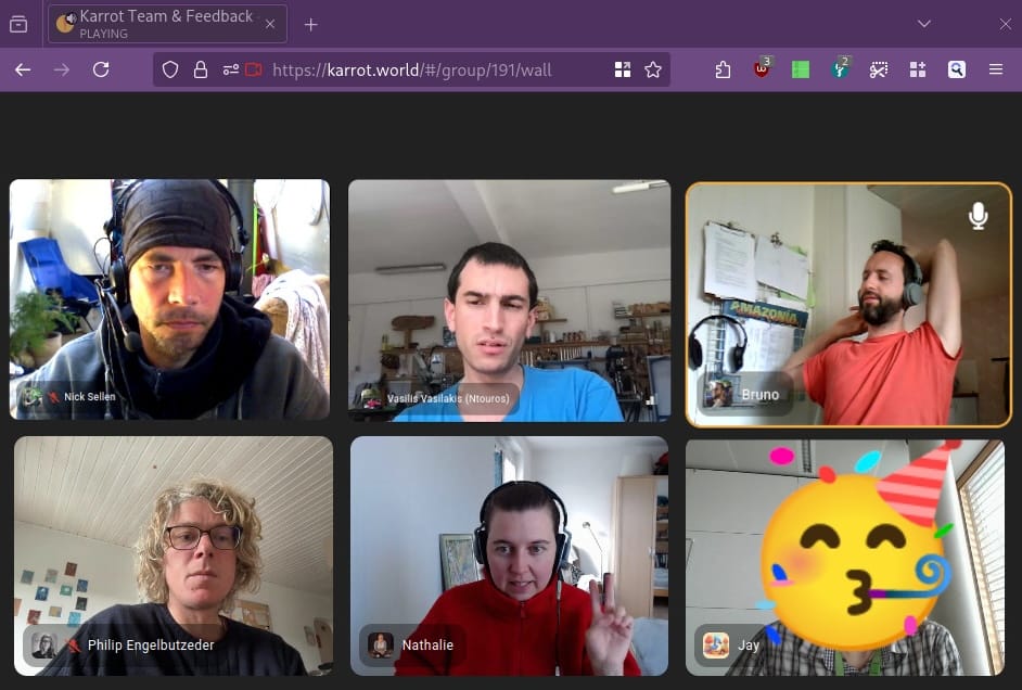 Screenshot of an online Karrot meeting. There are 6 people in the call.