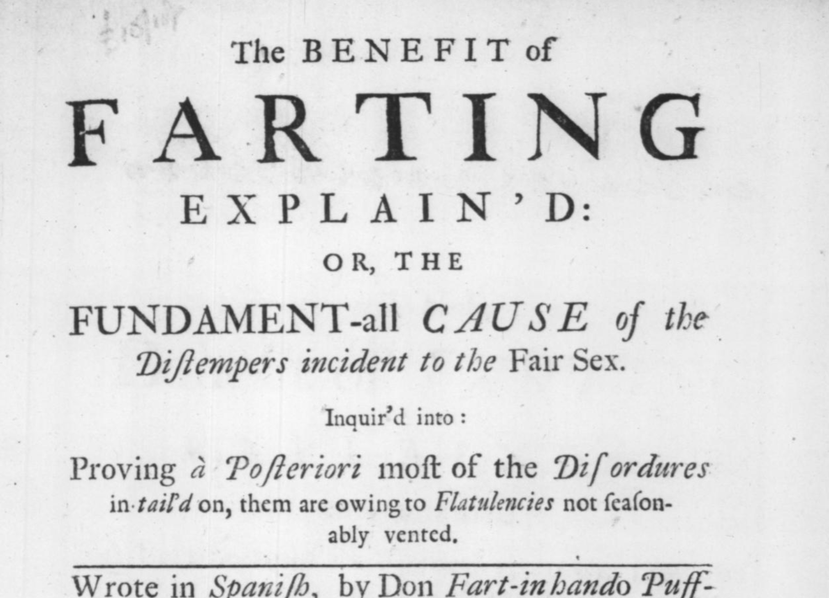 The front page of Jonathan Swift's 'Benefits of Farting Explain'd'