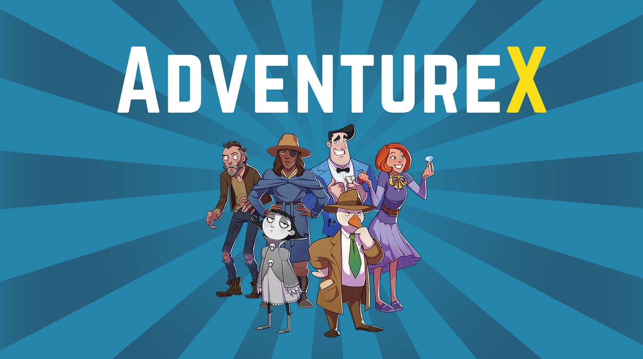 A promo image for Adventure X with the logo at the top. It depicts cartoon illustrations six characters from recent games including Duck Detective.