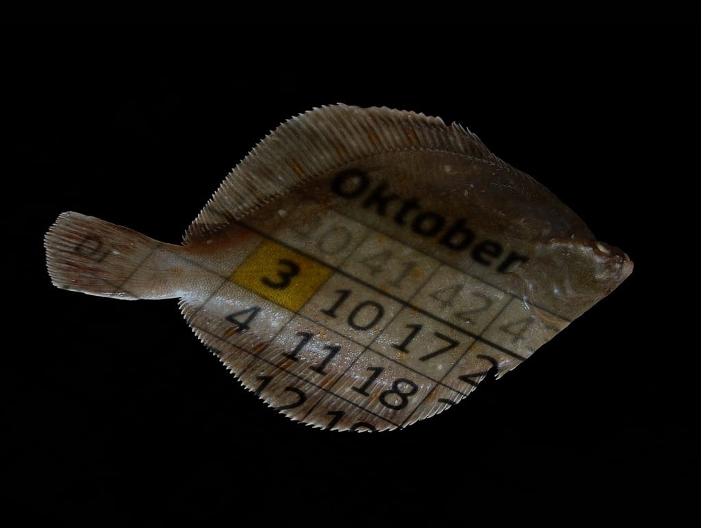 A plaice (the fish) overlaid with an image of a calendar, to create a PlaceCal visual pun.