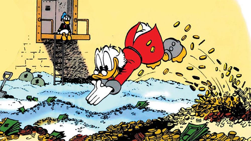 A cartoon: Scrooge McDuck diving into a huge pool of gold coins and paper dollar bills.