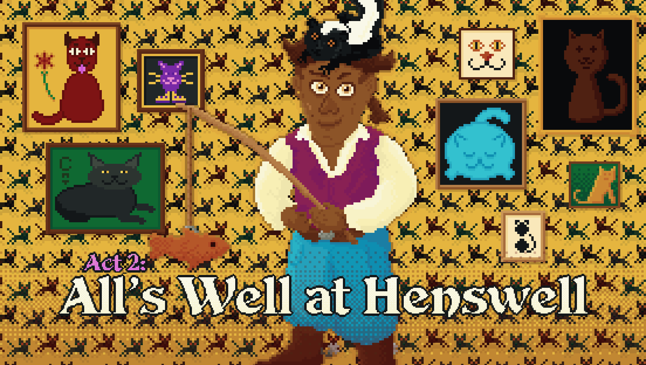 A pixel-art illustration of Adric Belfonté, a non-binary character of colour who wears a skunk as a hat, and carries a fishing rod. Behind them is cat-themed decor.