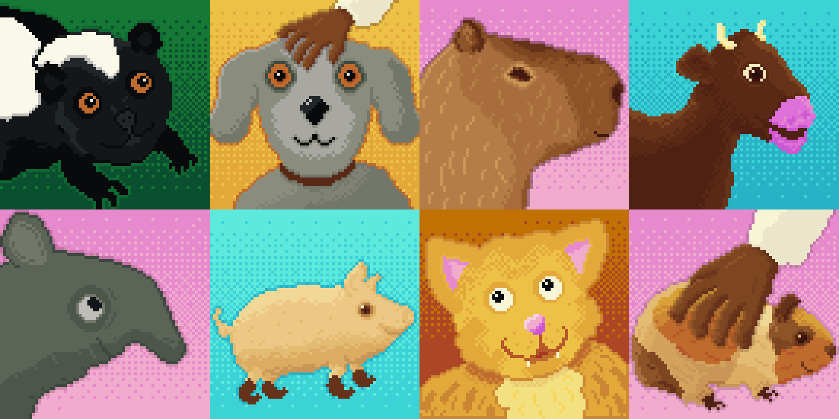 Colourful 72x72 pixel art images of a skunk, a dog being patted on the head, a capybara, a cow, a tapir, a piglet with boots on, a cat and a guinea-pig being stroked.