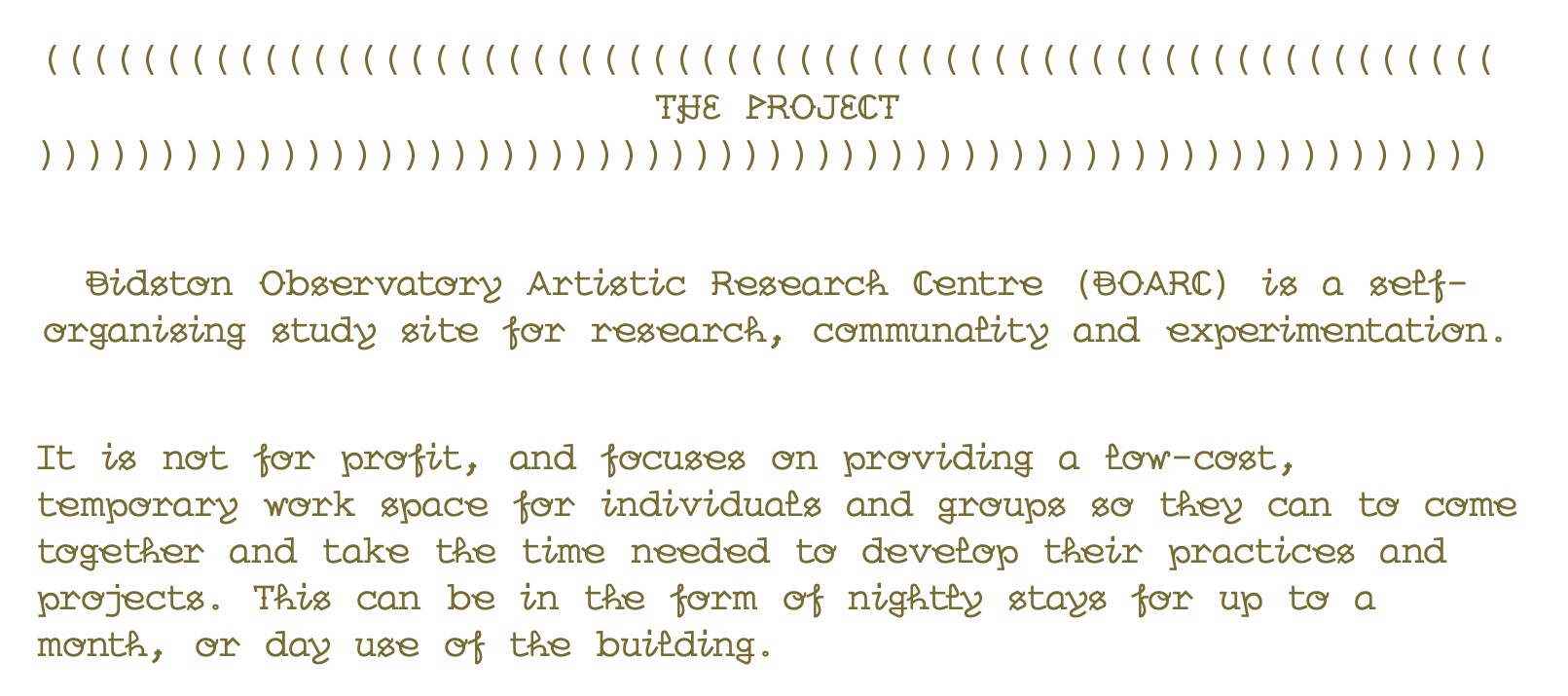 A section of the BOARC front page, written with a curly and unusual font, about how BOARC is self-organising and not-for-profit
