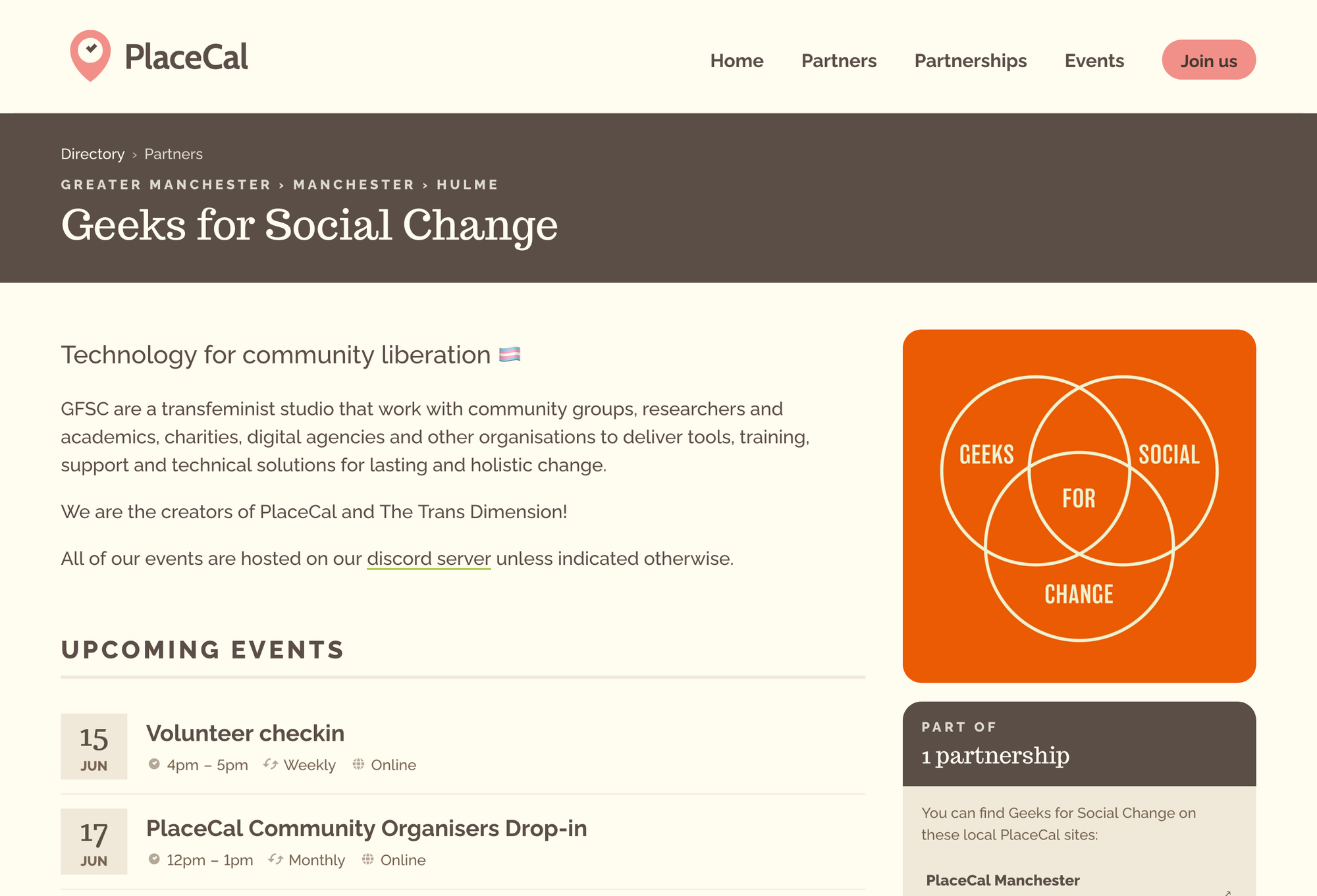 PlaceCal partner page for Geeks for Social Change, showing the group's location breadcrumb (Greater Manchester, Manchester, Hulme), description, upcoming events including a volunteer check-in and the PlaceCal Community Organisers Drop-in