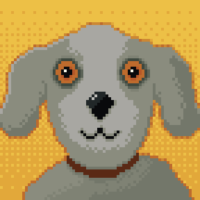 A pixel art image of a dog, panting, with waggling ears