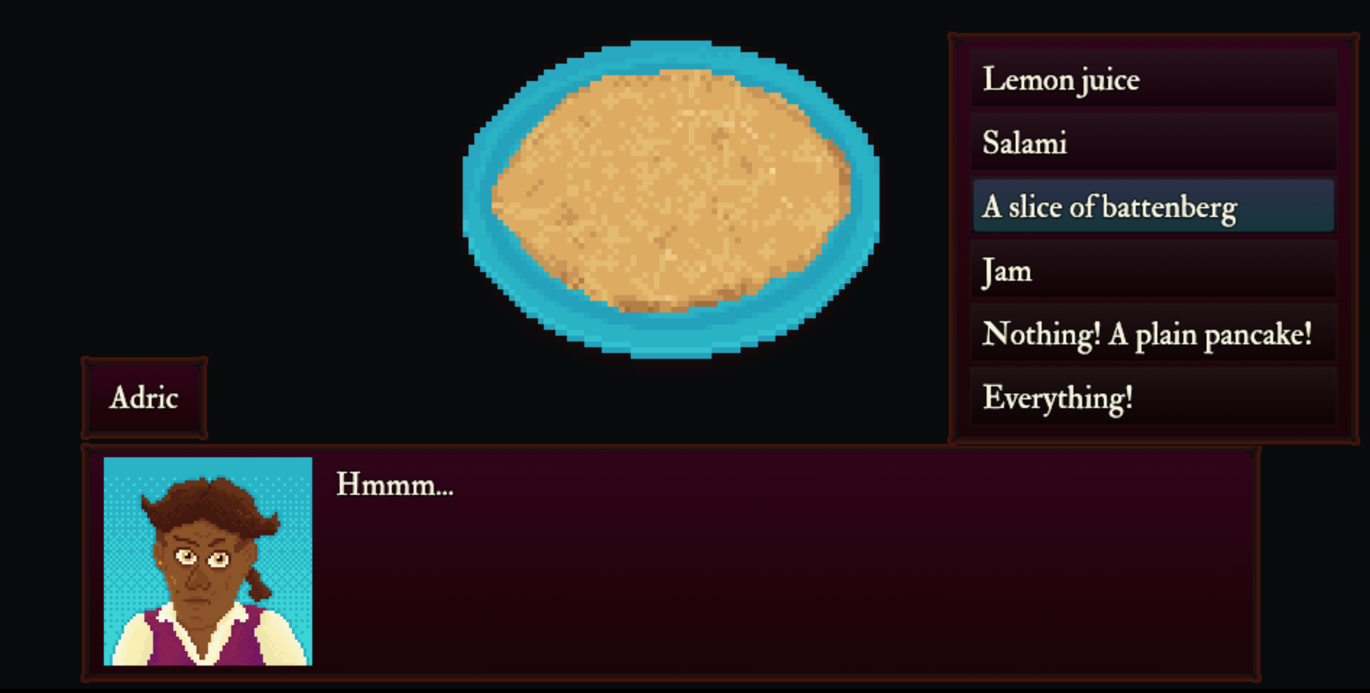 A pixel-art pancake, with six choices of topping: lemon juice, salami, battenberg cake, jam, nothing and everything