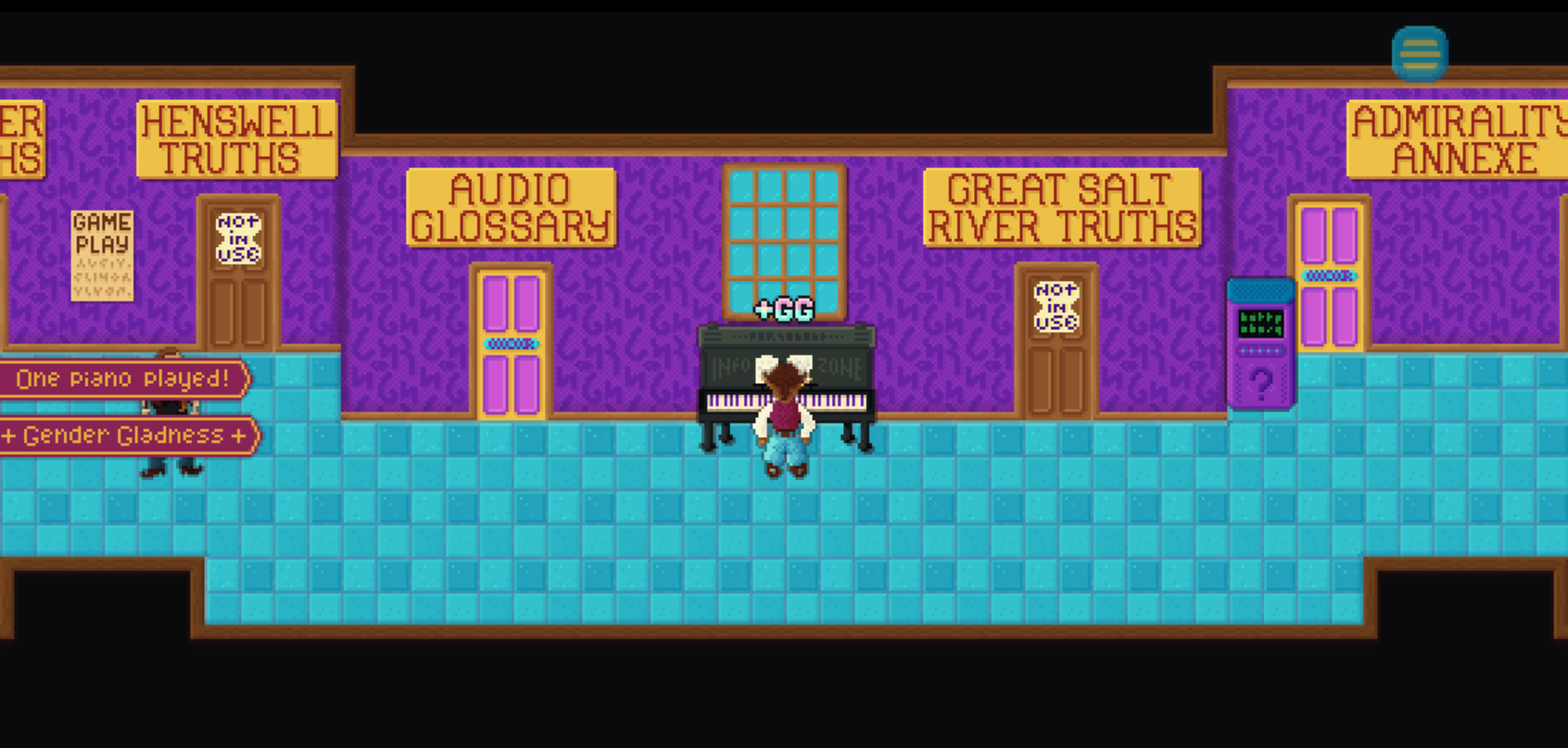 A screenshot of Trans Theft Horso showing a room with purple walls, colourful doors, and a piano. A note on the left says 'One piano played. Plus Gender gladness'.