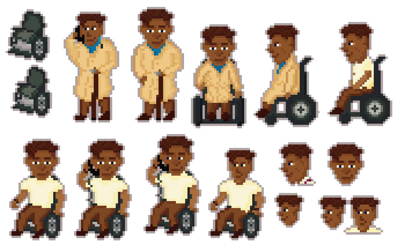 Pixel art of Rudolf, a transmasculine person of colour, in some images he stands with a cane. In others, he's seated in a wheelchair.
