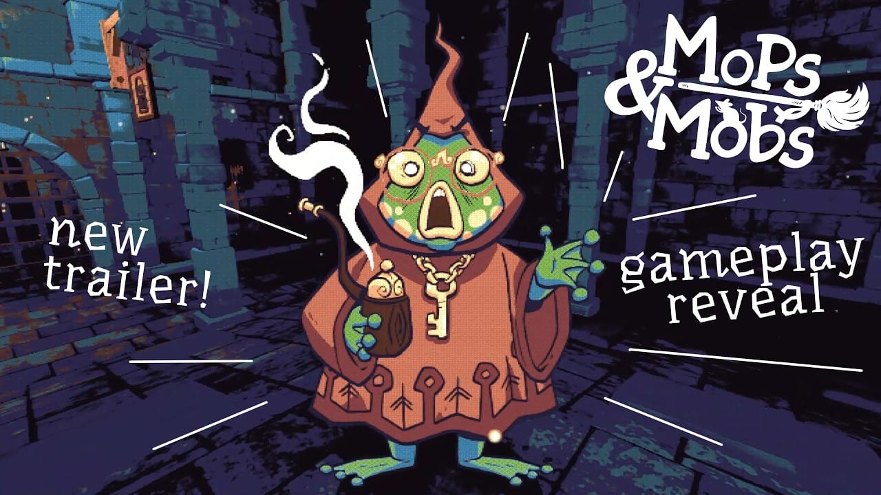 A thumbnail for a YouTube video trailer for Mops & Mobs. It depicts a frog in a brown hooded cloak, smoking a pipe in a dungeon.
