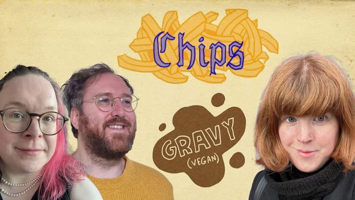 Kim, Sean and Emma showcase a sticker that says Chips and a sticker that says Gravy (vegan)