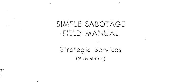 The cover of the CIA's Simple Sabotage Field Manual, in thin and degraded black lettering on a white background