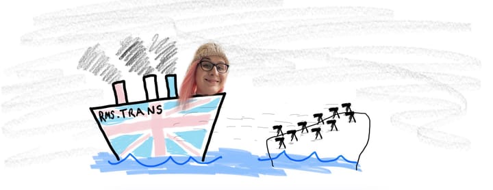 An iPad sketch showing Ava's face at the helm of a crudely drawn ship "RMS Trans", with three smokestacks. It's approaching a small island covered in guns which are shooting on the ship