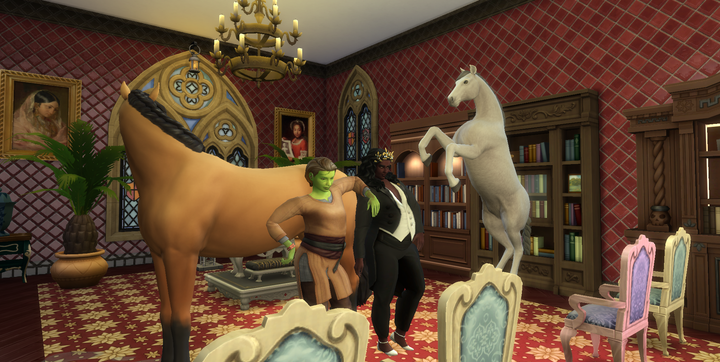 A screenshot of The Sims 4 featuring two horses and two women in a throne room, one black woman in a tuxedo and tiara, the other a green Frankenstein's-creature type in peasant garb.