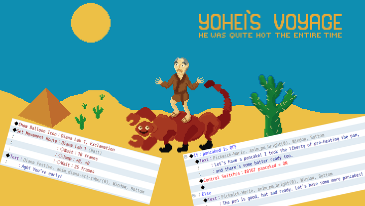 A pixel art image of a Japanese man riding on the back of a lobster in a colourful desert. This is overlaid with snippets of code, showing character moves.