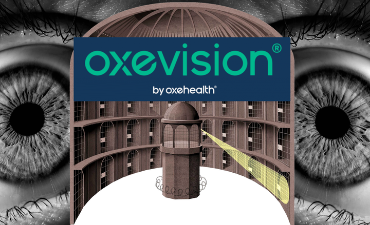 Oxevision logo overlaid in front of a image of a panopticon with pupils at the backdrop